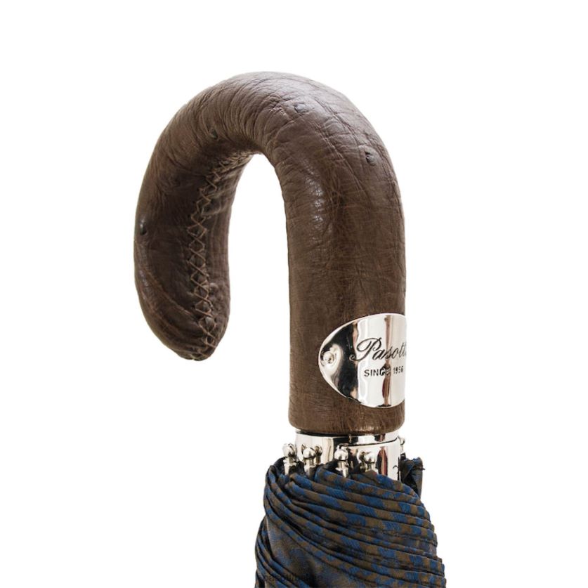 paraplu | 64 52682-3 s - bruin en marineblauwe opvouwbare paraplu met struisvogelleer PASOTTI VFHH4H188