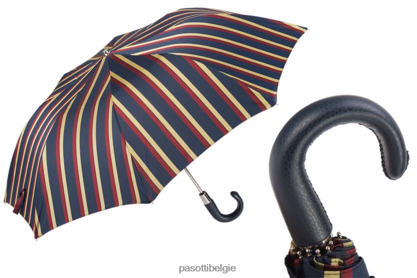 paraplu | 64 alfred-1 p - gestreepte opvouwbare paraplu, leren handvat PASOTTI VFHH4H184