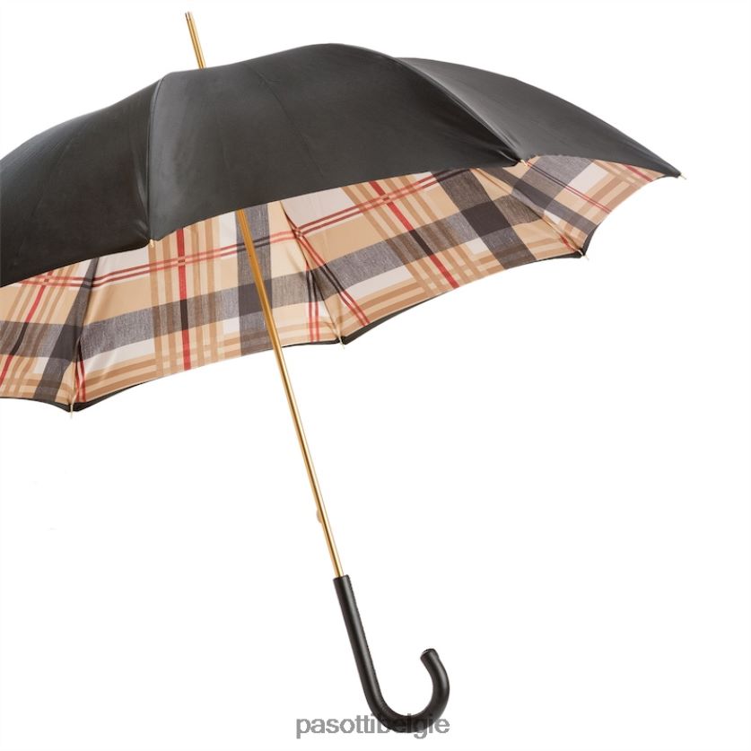 paraplu | 189 52864-111 p - zwarte paraplu met Schotse ruit en leren handvat, dubbeldoek PASOTTI VFHH4H461